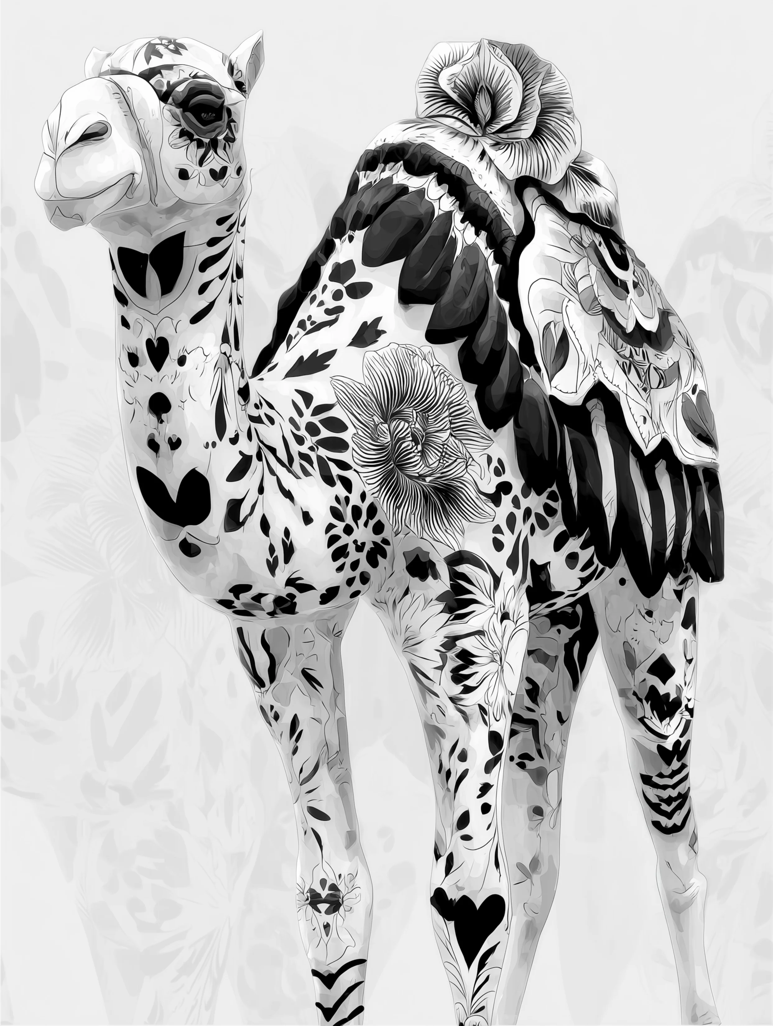 Free printable camel coloring page for adults featuring white camel with feathery back cover